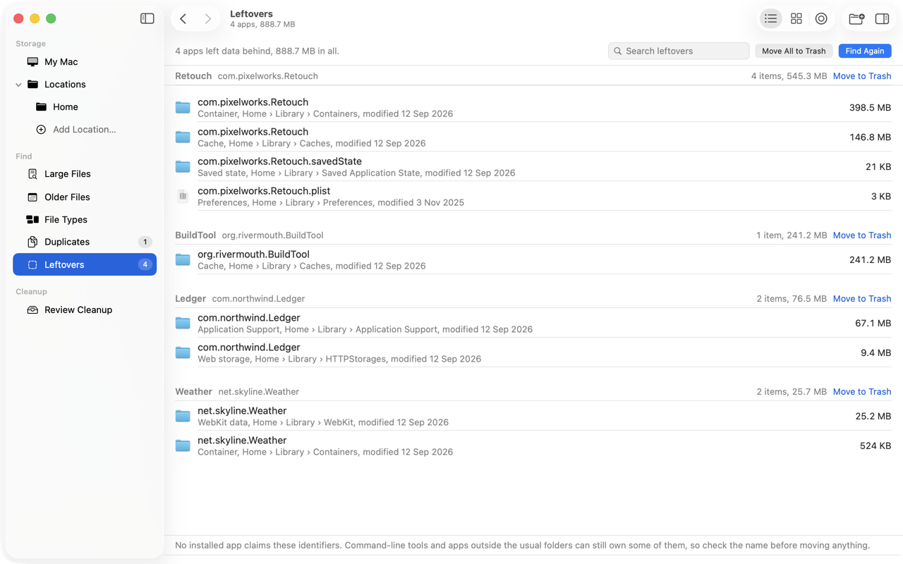 Leftovers screen listing data from apps that are no longer installed, grouped by identifier: Retouch 545 MB across a container, cache, saved state and preferences, BuildTool 241 MB, Ledger 76 MB and Weather 26 MB, each with a Move to Trash button.