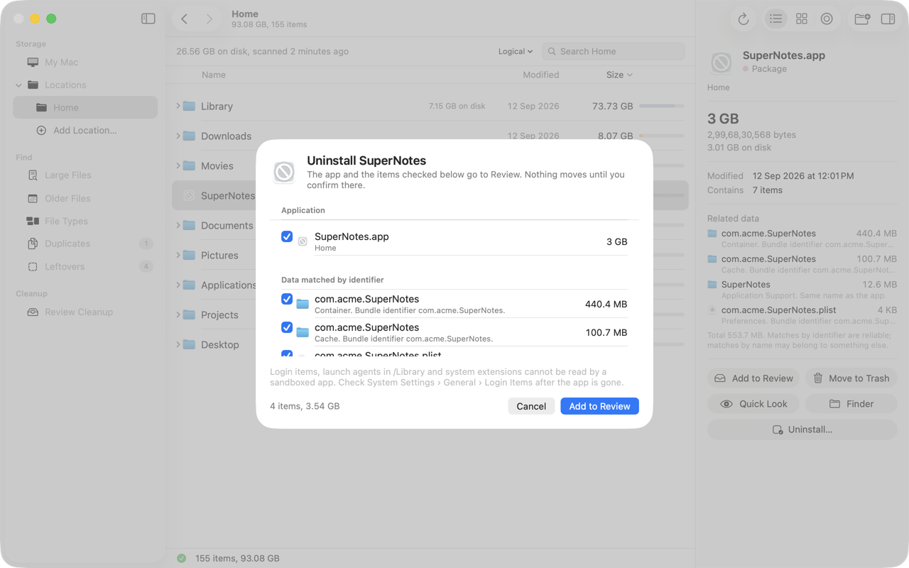 Uninstall sheet for SuperNotes: the app is checked, its container and cache matched by identifier are checked, an Application Support folder matched by name only is unchecked, with a total and an Add to Review button.